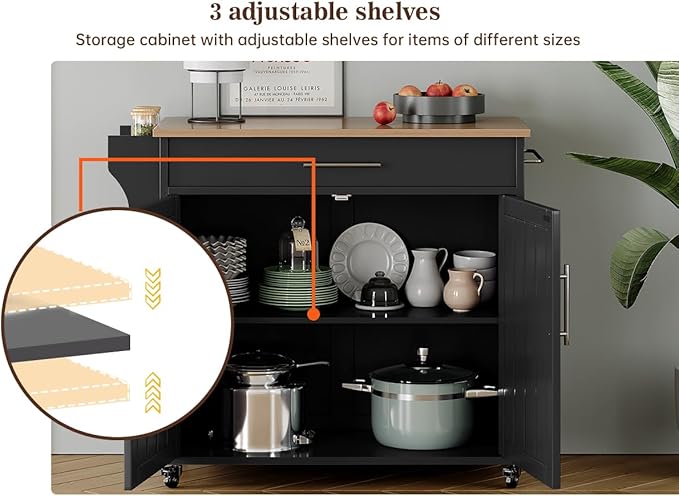 Kitchen Storage Island, Wooden Rolling Kitchen Island On Wheels with Countertop, Mobile Kitchen Island Cart with Towel Rack, Spice Rack and Drawers, Black
