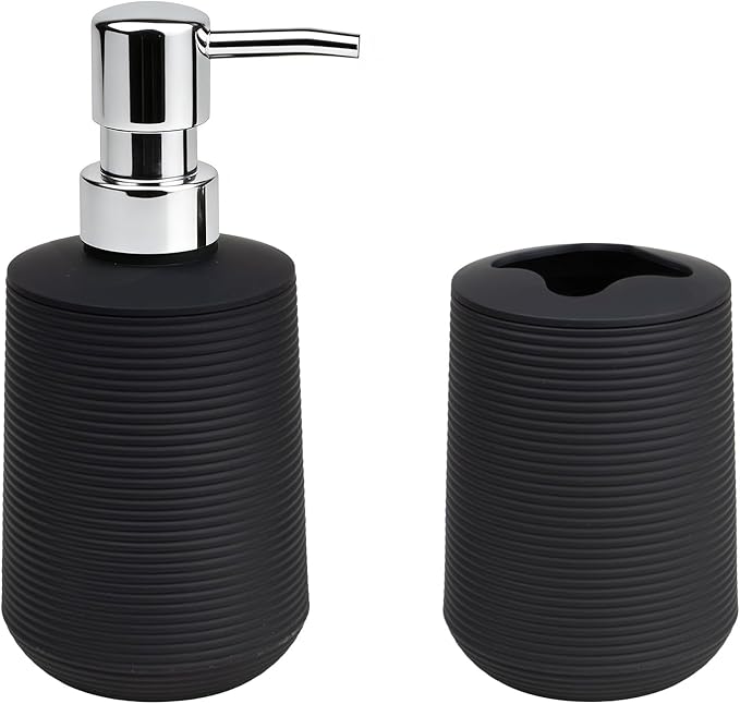 Bathroom Accessories Set, Bathroom Soap Dispenser & Toothbrush Holder Set, 2Pcs High Capacity Bathroom Set in Black, Minimalist Boho Style for Clutter-Free Bathroom