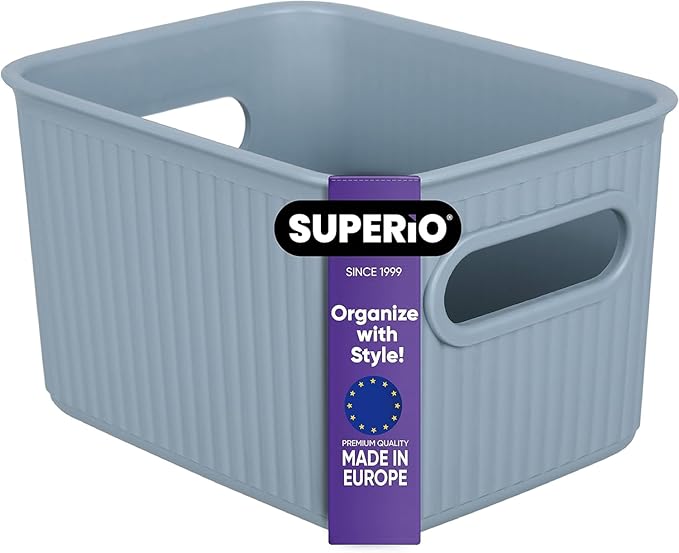 Superio Ribbed Collection - Decorative Plastic Basket Open Home Storage Bins Organizer, Small Blue (1 Pack) Container Boxes for Organizing Closet Storage Bins for Shelves Drawer Shelf 1.5 Liter