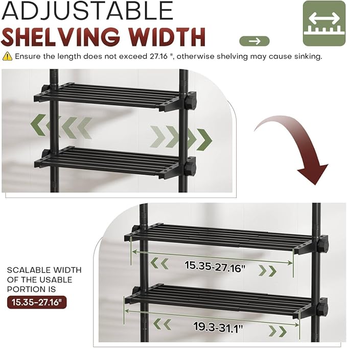 Goovilla Over The Toilet Storage Shelf, 4 Tier Bathroom Organizer Shelves with 64-124inch(H) 15-27inch(W) Adjustable No Drilling Tension Mounting, Black Space Saver Bathroom Shelf Rack Above Toilet