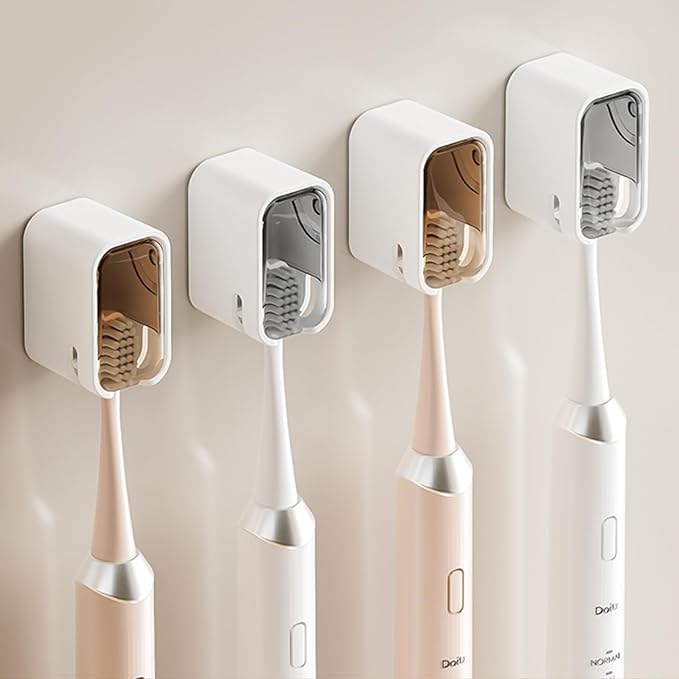 Wall Mounted Toothbrush Holders for Bathroom,Strong Self Adhesive Tooth Brush Holder with Cover, Toothbrush Heads Organizer for Family, 4 Pcs