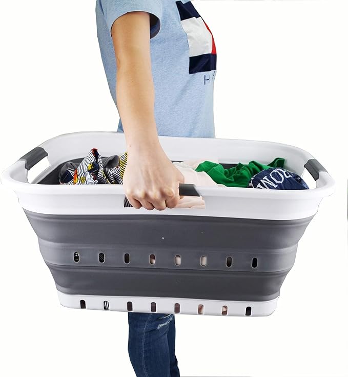 SAMMART 42L (11 gallon) Collapsible Plastic Laundry Basket - Foldable Pop Up Storage Container/Organizer - Portable Basket - Space Saving Hamper/Basket (2, White/Dark Grey)