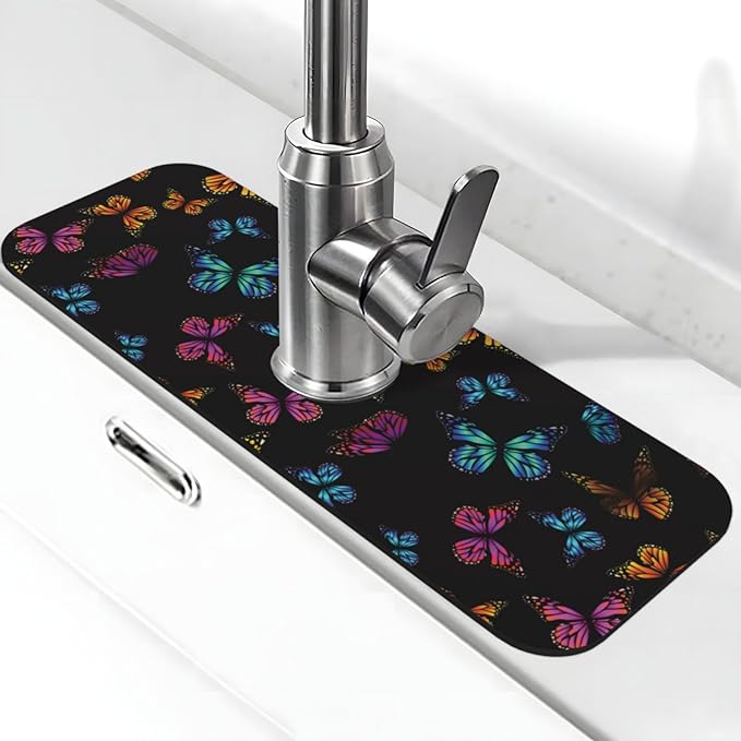 Butterfly Abstract Butterflies Kitchen Sink Splash Guard Faucet Mat Super Absorbent Fast Drying Mat Sink Gadgets-Fast Drying Pad Sink Mat For Kitchen Bathroom (15" X 5.5" )