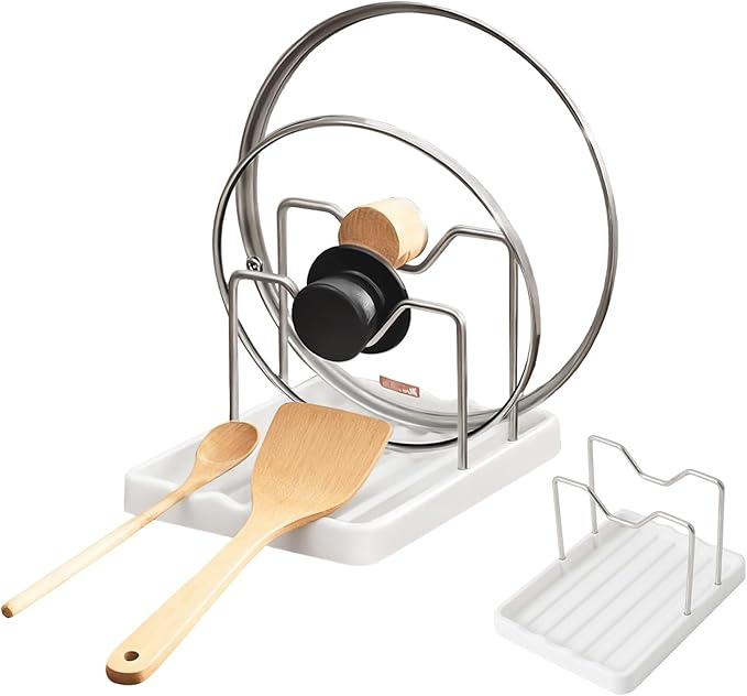 2 in 1 Pot Lid Holder & Spoon Rest for Kitchen Counter, Plastic Utensil Rest with Stainless Steel Pan Lid Holder Organizer While Cooking, Countertop Space Saving Pot Cover Rack | Easy to Clean