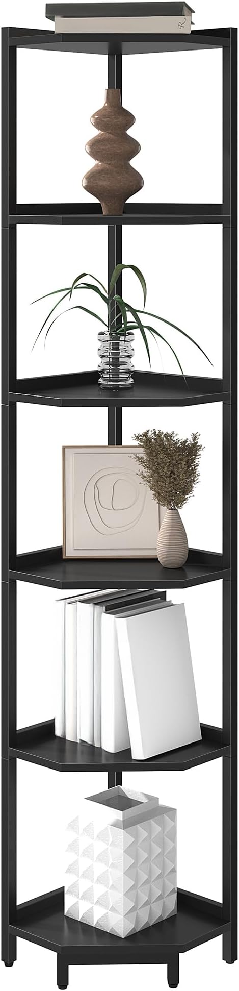 Corner Shelf Stand, Corner Bookshelf, Storage Standing Shelf Unit with Metal Frame, Plant Stand, Bookcase for Living Room, Home Office, Bedroom, 6-Tier Black CS06006B