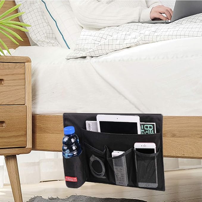 Falaku Bedside Caddy,5 Pockets Bedside Organizer Caddy Under Mattress,Holds Water Bottles,Magazines,Books (Black)
