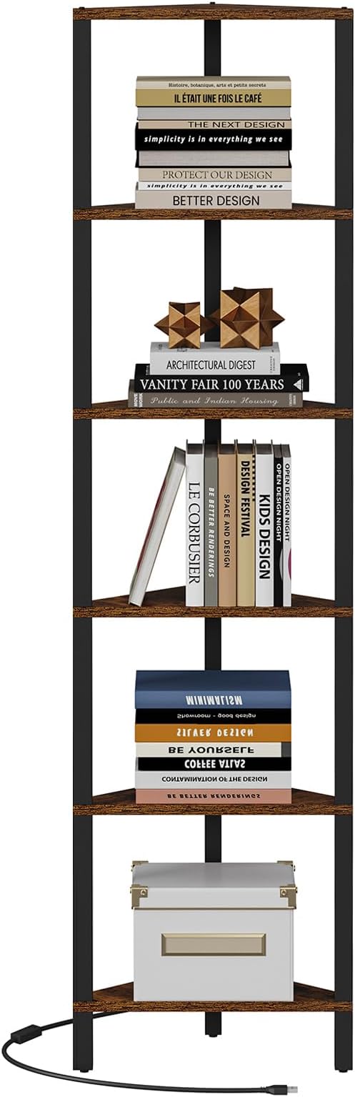 TUTOTAK Corner Shelf with LED Light, 6-Tier Corner Bookshelf for Small Space, Narrow Display Corner Shelf Stand with Storage Rack, for Living Room, Bedroom, Rustic Brown BS05BB006L