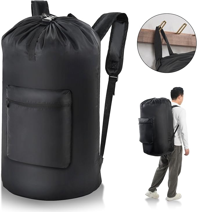 OTraki Laundry Bag Backpack, Large Travel Laundry Bags with Adjustable Shoulder Straps, Portable Heavy Duty Dirty Clothes Laundry Backpack for College Dorm,Drying Do Not Exceed 176℉ Black