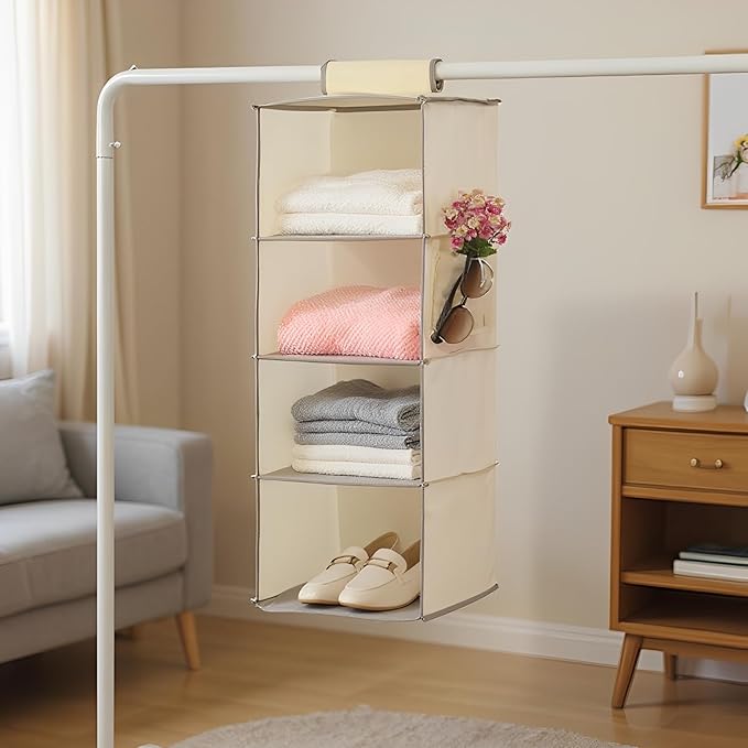 Hanging Closet Organizer 4 Tier Hanging Storage with Side Pocket, Foldable Hanging Shelves for Clothes, Laundry Room & RV Use