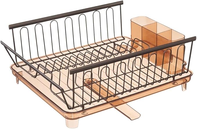 mDesign Large Modern Kitchen Countertop, Sink Dish Drying Rack - Removable Cutlery Tray and Drainboard with Adjustable Swivel Spout - 3 Pieces, Bronze/Brown Cutlery Caddy and Drainboard