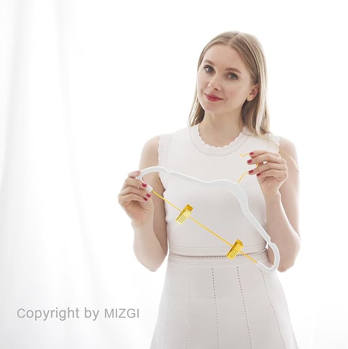 MIZGI Premium Velvet Pants Hangers with Adjustable Clips (Pack of 10) Slim Skirt Hangers- Non Slip Felt Outfit Dress Hangers White - Gold Hooks,Space Saving Shirt Clothes Hangers