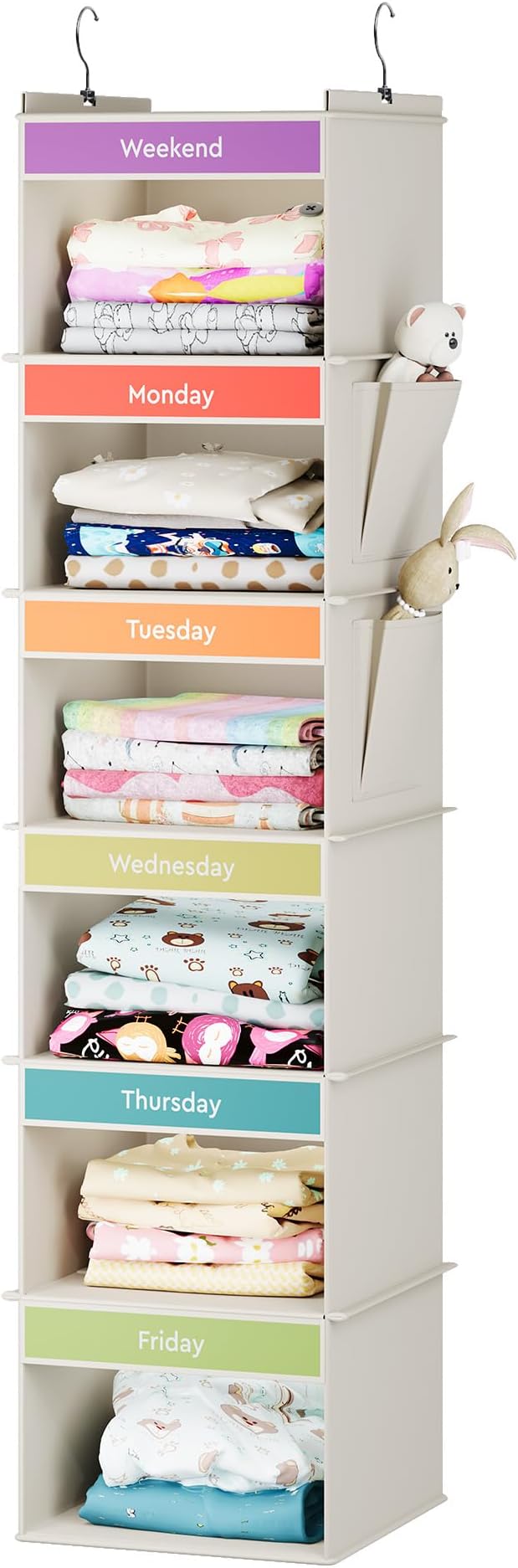 YOUDENOVA 6-Shelf Weekly Hanging Closet Organizer, Weekly Clothes Organizers for Kids with 2 Side Pockets, Beige