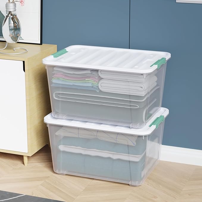 Haodehen 4-Pack Clear Plastic Storage Box with Wheels, 85 Quart Large Plastic Storage Bins with Latch Lids