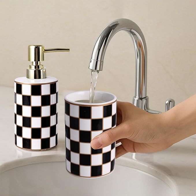 Bathroom Toothbrush Holder Set, Ceramic Checkered Soap Dispenser and Tooth Brush Holder Set, Modern Bathroom Accessories Sets Countertop, Black and White Checkered Bathroom Decor Set (Black)
