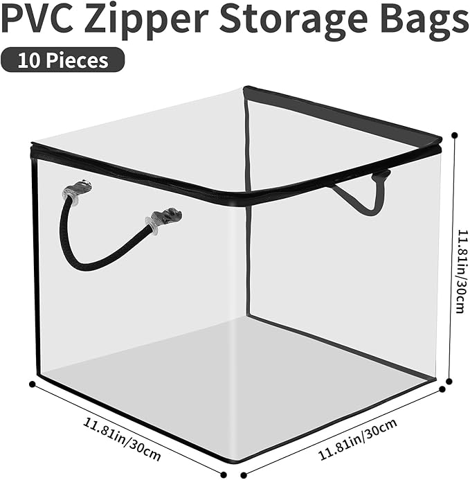 10 PCS Clear Zippered Storage Bags with Handles,Sweater Storage with Two-Way Zipper,Foldable Closet Organizer Bed Sheet Organizer,Cube Plastic Organizer,Bag,Bin for Clothes,Towel-BK