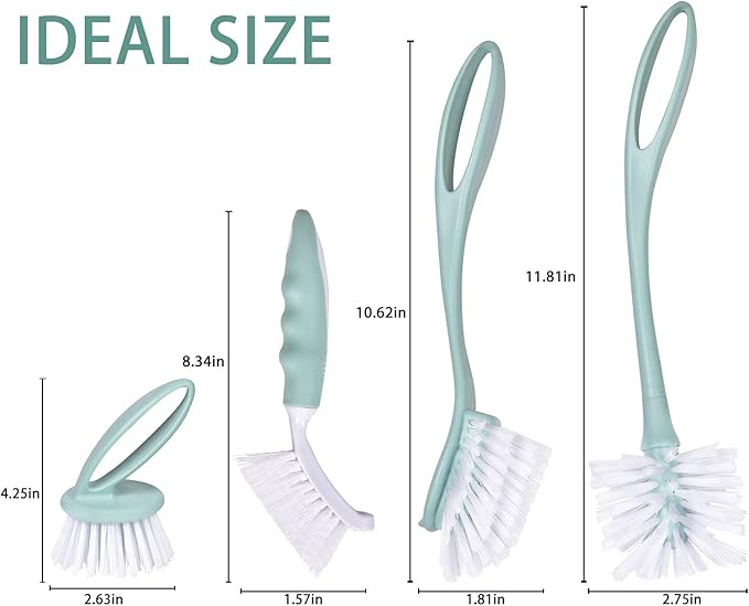 Dish Brush with Handle, Kitchen Dish Scrub Brush Set, 4-Piece Kitchen Cleaning Brush Set for Pots and Bottles, Nordic Green