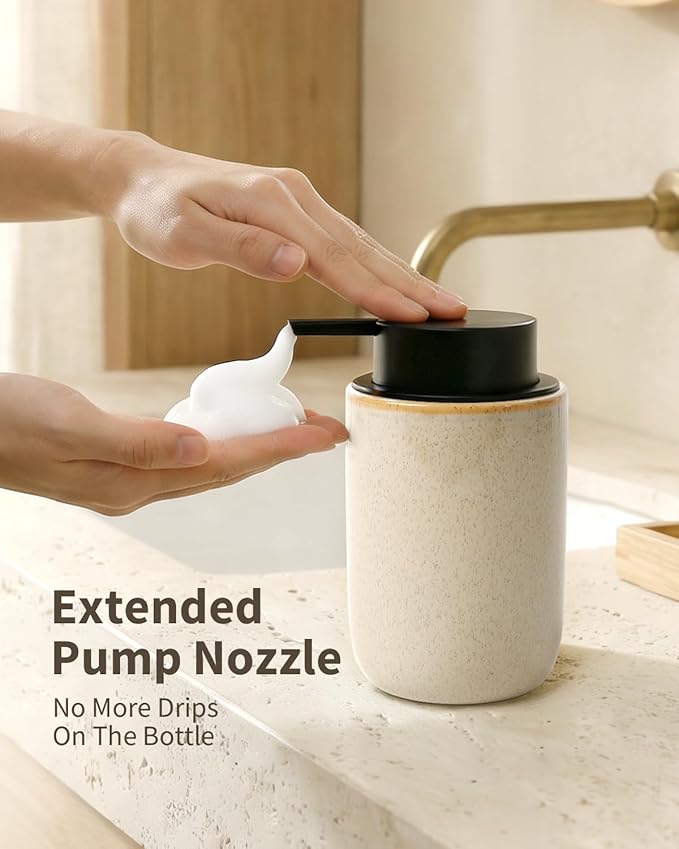 BosilunLife Foam Soap Dispenser - Ceramic Foaming Hand Dispenser for Bathroom Modern Farmhouse Small Soap Dispenser Hand Pump Dispenser for Kitchen Sink (Greige with Speckle, Foam Pump)