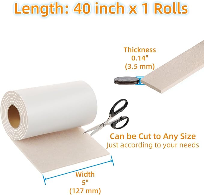 Furnigear Felt Furniture Pads - Heavy Duty Cuttable Strips with Adhesive Backing, Self-Adhesive Felt Strips, Pad, Tape Roll for Chair Legs, Hard Floor and Wall Protection (Beige, 40 x 5 x 0.14 Inch)