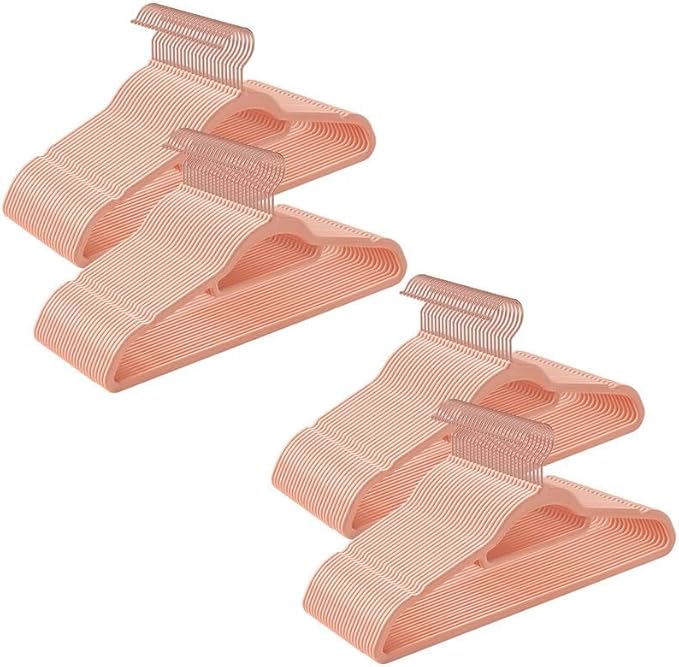 SONGMICS Velvet Hangers, Set of 100 Clothes Hanger with Rose Gold Swivel Hook, Non-Slip, and Space-Saving, 0.2-Inch Thick, 17.1-Inch Long for Coat, Shirt, Dress, Pants, Tie, Coral Pink UCRF021PK100