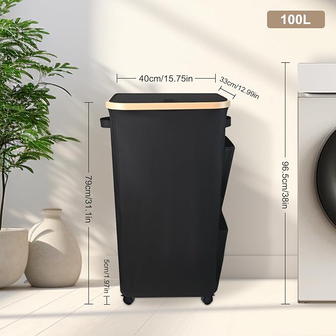 100L Large Laundry Hamper with Lid Wheels, Rolling Laundry Basket with Removable Bag Side Pockets, Heavy-Duty Laundry Room Organization and Storage for Dorm Small Spaces (Black)
