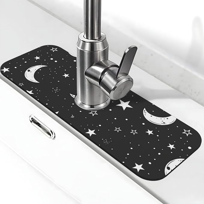 Faucet Draining Mat For Kitchen Sink, Moons Stars White Diatom Mud Absorbent Drain Pad For Bathroom Kitchen Sink Splash Guard Drying Mat