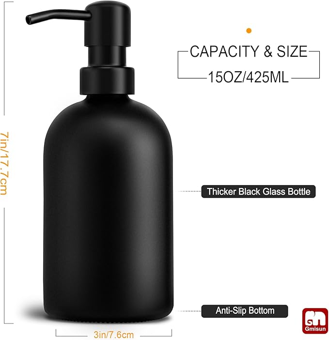 GMISUN Black Soap Dispenser, Dish/Hand Soap Dispenser with Matte Black Stainless Steel Pump, 15 fl oz/450ml Glass Soap Dispensers Set for Kitchen/Bathroom, Modern Refillable Liquid Lotion Dispenser