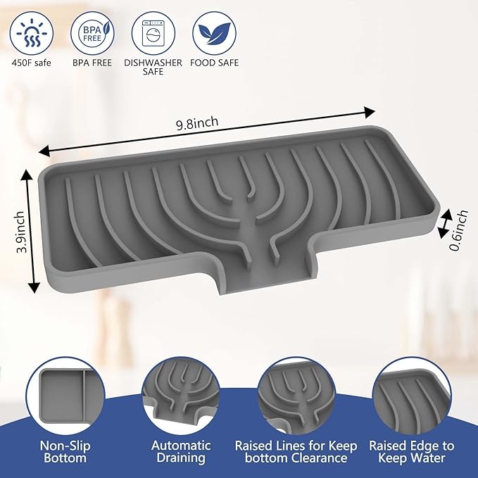 Silicone Sponge Holder for Kitchen Sink With Drain Spout, Self Draining, 10×4 inch Kitchen Soap Tray, Bathroom Organizer, Sink Caddy, Perfect for Dispenser, Scrubber, Bottle, Cup on Counter (Gray)