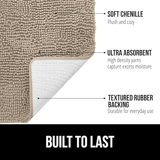 GORILLA GRIP Bath Rug Mat 60x24, Thick Absorbent Chenille, Quick Dry Microfiber Mats, Rubber Backing Washable Shower Floor Rugs, Bathmat Runner, US Designed Bathroom Home Decor Accessories Gray Beige