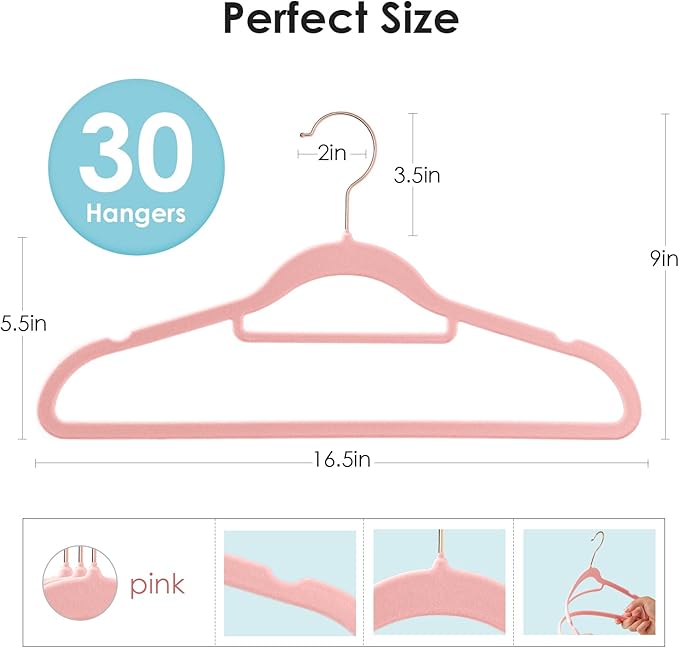 Velvet Hangers Non Slip Felt Hangers, 30 Pack Pink Velvet Clothes Hangers Space Saving Slim with 360 Degree Swivel Hook for Suits Coats, Jackets, Pants, and Dress Clothes