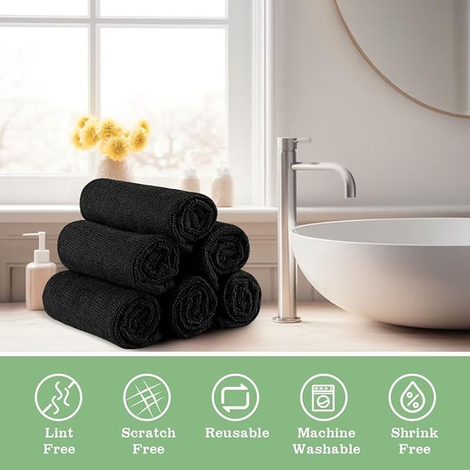 Washcloths - 20 Pack - Face Towels (12" x 12"), Highly Soft Wash Cloths and Hand Towels, Fast Drying Multi-Purpose Microfiber Cleansing Cloths for Bathroom, Hotel, Spa, and Salon - Black