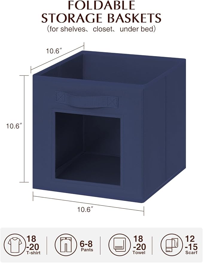 Storage Cube 11 Inch - Cube Storage Bins with Window, Closet Storage Baskets with Handle, Fabric Bins for Closet, Shelves, Toys, Clothes, Set of 10, Navy Blue