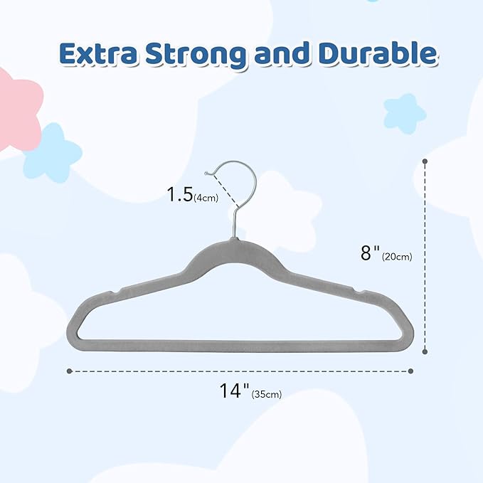 Smartor Premium 14 Inch Kids Hangers 50 Pack, Grey Baby Velvet Hanger, Non Slip, Space Saving Felt Hangers Clothes Organizers for Closet with 360° Swivel Hook for Children, Toddler & Teens