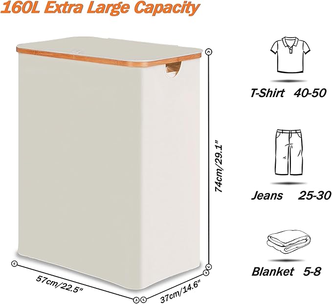 efluky Laundry Hamper with Lid, Trio Laundry Hamper with 3 Removable Bags, 3 Section Laundry Basket with Bamboo Handles for Bathroom, Bedroom & Laundry Room, 160L Beige