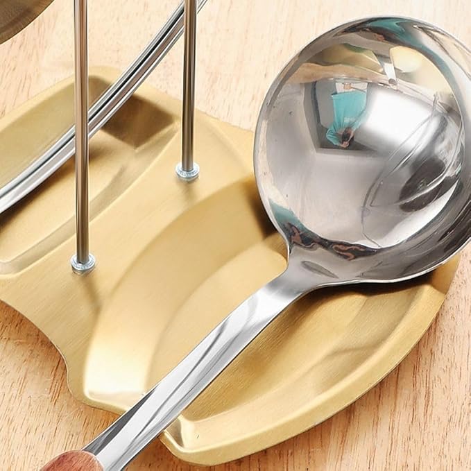 Stainless Steel Spoon Rest with Pan Lid Holder Stainless Steel Pan Lid Organizer Soup Spoon Rests Rack Kitchen Utensils Holders(Gold)