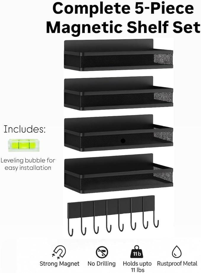 5-Piece Magnetic Kitchen Organizer Set – Spice Rack for Refrigerator with Storage Shelves & Hanging Hooks Bar for Home Organization and Space-Saving