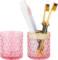 2pcs Pink Toothbrush Holders for Bathrooms, Glass Toothbrush Holder and Bathroom Tumbler Cup Set, Gold Bathroom Tooth Brush Cup Organizer for Brushes,Toothpaste and Razor