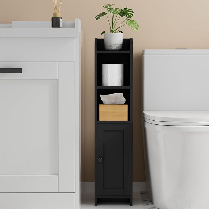 Homhedy Small Bathroom Storage Corner Floor Cabinet with Door and Shelves, Beside The Toilet Paper Stand for Skinny, Narrow Toilet Paper Cabinet, 7.9" D x 7.1" W x 31" H, Black