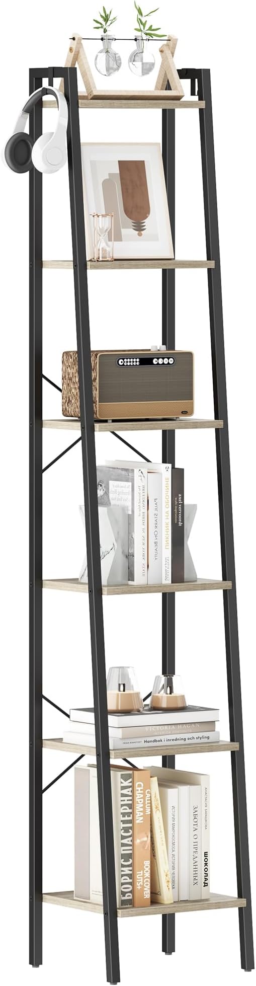 Ladder Shelf, Bookshelf Bookcase, Freestanding Corner Storage Shelve with 2 Hooks for Home Office, Living Room, Kitchen, Bedroom, Industrial, 11.8" D x 13.4" W x 72.8" H, Greige BC13305B