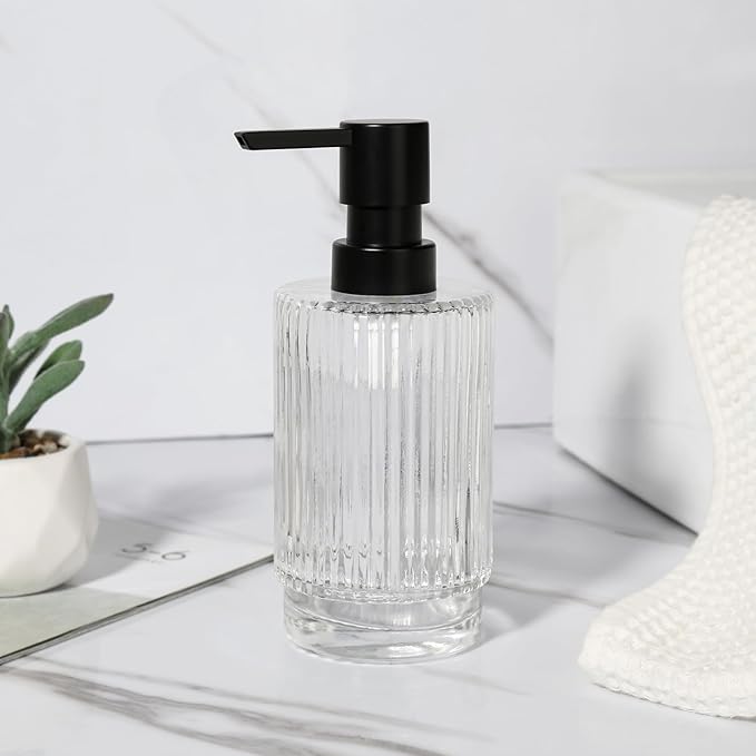 Glass Soap Dispenser with Pump, 11 fl oz Clear Hand Soap Dispensers for Bathroom, Ribbed Style Dish Soap Dispenser for Kitchen, Modern Refillable Liquid Soap Pump Bottle