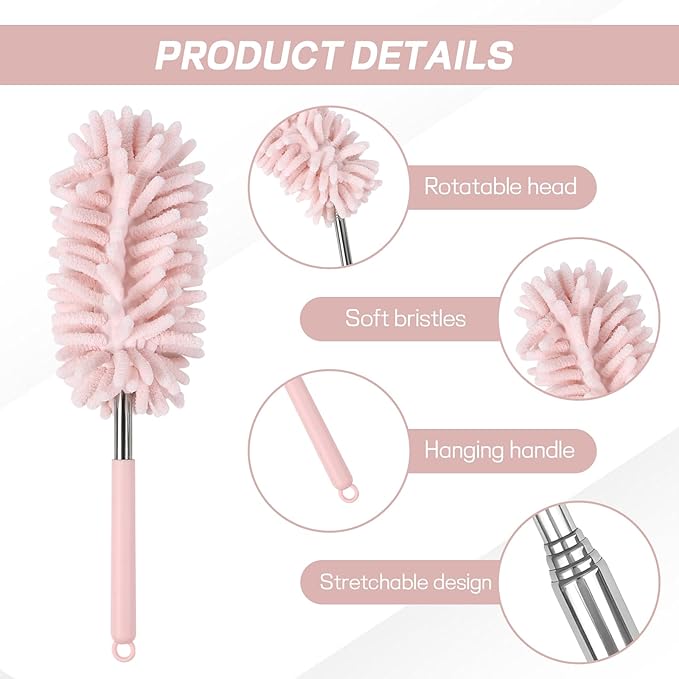 2PCS Car Interior Duster with Extension Pole, Soft Chenille Microfiber Duster for Cleaning, Scratch Free & Lint-Free, Washable Cleaning Brushes for Vehicle Details, Home, Office (Pink)