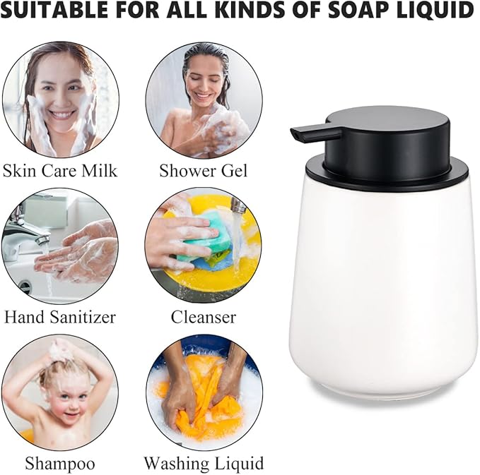 12Oz White Soap Dispenser Set - Ceramic Lotion Hand Soap Dispenser Set with Easy-to-Press Black Pump, Refillable Mordern Liquid Dish Soap Dispensers for Bathroom & Kitchen, 2 Pack