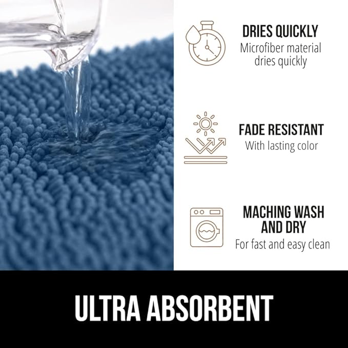 GORILLA GRIP Bath Rug Mat 30x20, Thick Soft Absorbent Chenille, Quick Dry Microfiber Mats, Rubber Backing Washable Shower Floor Rugs, US Designed Bathroom Bathmat Home Decor Accessories, Blue