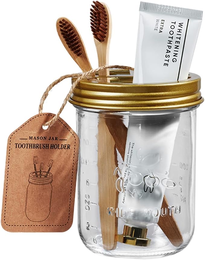 Amolliar Mason Jar Bathroom Accessories Set(4 Pcs) -Lotion Soap Dispenser & 2 Cotton Swab Holder & Toothbrush Holder-Rustic Farmhouse Decor, Countertop Vanity Organize, Bathroom Home Decor (Gold)