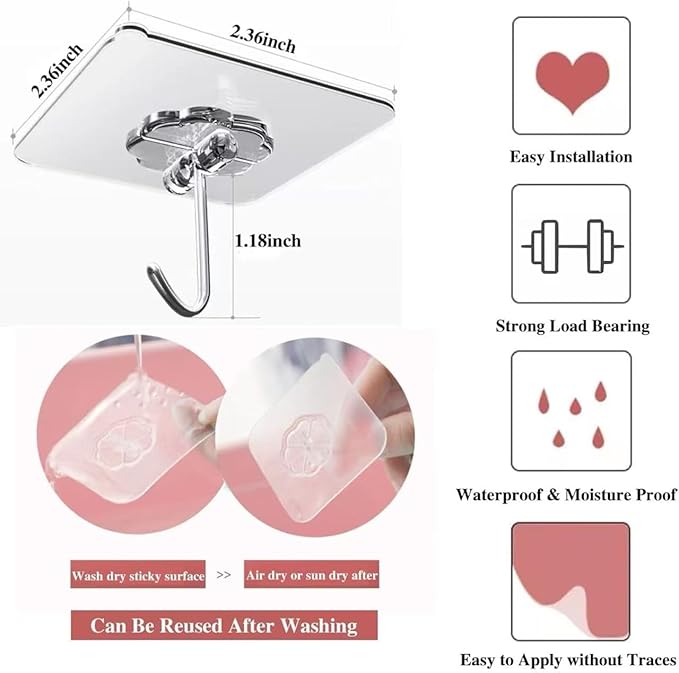 DDMY Heavy Duty Hook 24 Pack Self Adhesive Hooks for Hanging Wall Hooks Transparent Reusable Waterproof Adhesive Sticky Hook for Kitchen Curtain, Towel Bathroom,Coat Shower Door Utility No Damage