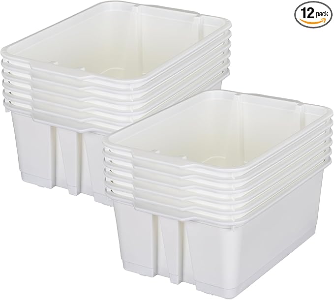 Really Good Stuff Stacking Bins, 14" x 10" x 5 .75" - 12 Pack, White, Stackable Storage Plastic Bins for Classroom Organization, Home Storage, Office & Hospital Supplies