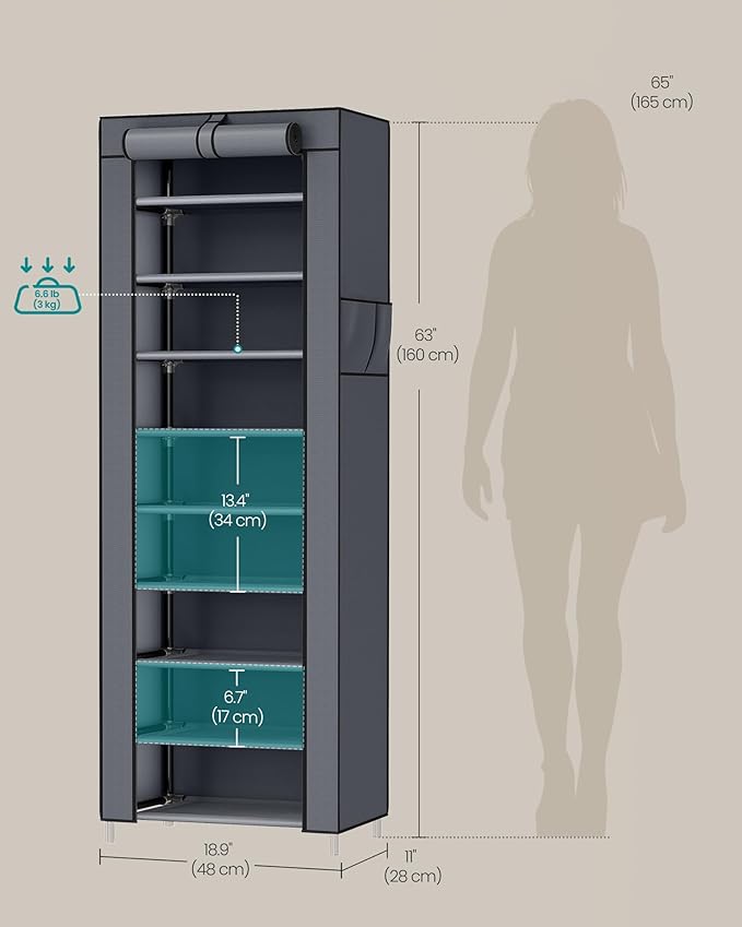 SONGMICS 10-Tier Shoe Rack, Shoe Storage Cabinet with Dustproof Cover, Free-Standing Storage Organizer for Closet, Entryway, Hold 20 Pairs of Shoes, for Sneakers, High Heels, Gray URXJ034GN02