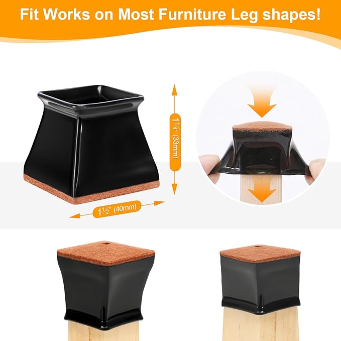 CHUNZEXI 16 Pack Square Chair Leg Floor Protectors for Hardwood Floors, Silicone Felt Covers Pads Caps, Protect Wood Furniture Feet Floors Noise Reduce and Scratch (Square Large & Black)