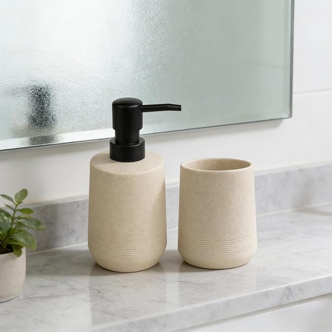 Bathroom Accessories Set, 2Pack Soap Dispenser & Toothbrush Holder in Warm Beige, Handcrafted Resin Texture, Minimal Boho Decor for Vanity & Bathroom Cabinet