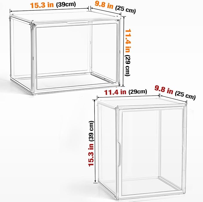 3 Pack XXX-Large Clear Display Case, 17.7''x13''x13'' Tall Boot & Shoe Box Acrylic Display Case Extra Large Figure Collectibles Showcase Clear Stackable Handbag Trophy Display Box with Magnetic Lid