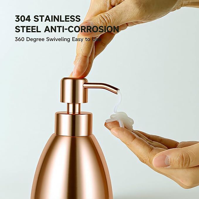 304 Stainless Steel Soap Dispenser 16oz Rust-Proof Liquid Soap Pump Bottle for Kitchen or Bathroom Countertop Hand Dish Lotion Leak-Proof (Rose Gold)